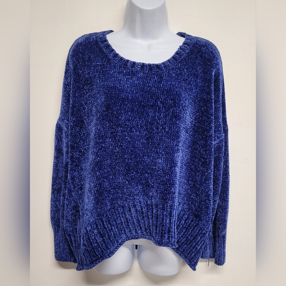Pink Rose Boxy Slouchy Knit Sweater Hi Low Cobalt Blue